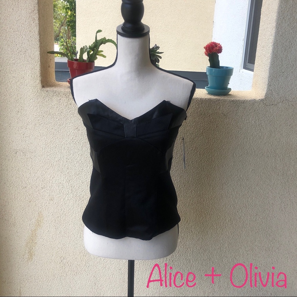 ALICE + OLIVIA Black Leather Trim Tube Top/Corset